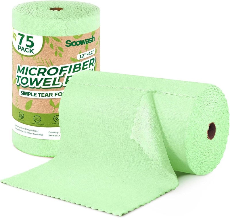 SOOWASH Microfiber Cleaning Cloths Roll, 75 Pack Tear Away Microfiber Towels Roll, 12" x 12" Lint Free Rags, Reusable Cleaning Cloths, Washable, Scratch Free,Ultra Absorbent Dish Rags(Green) - Image 1